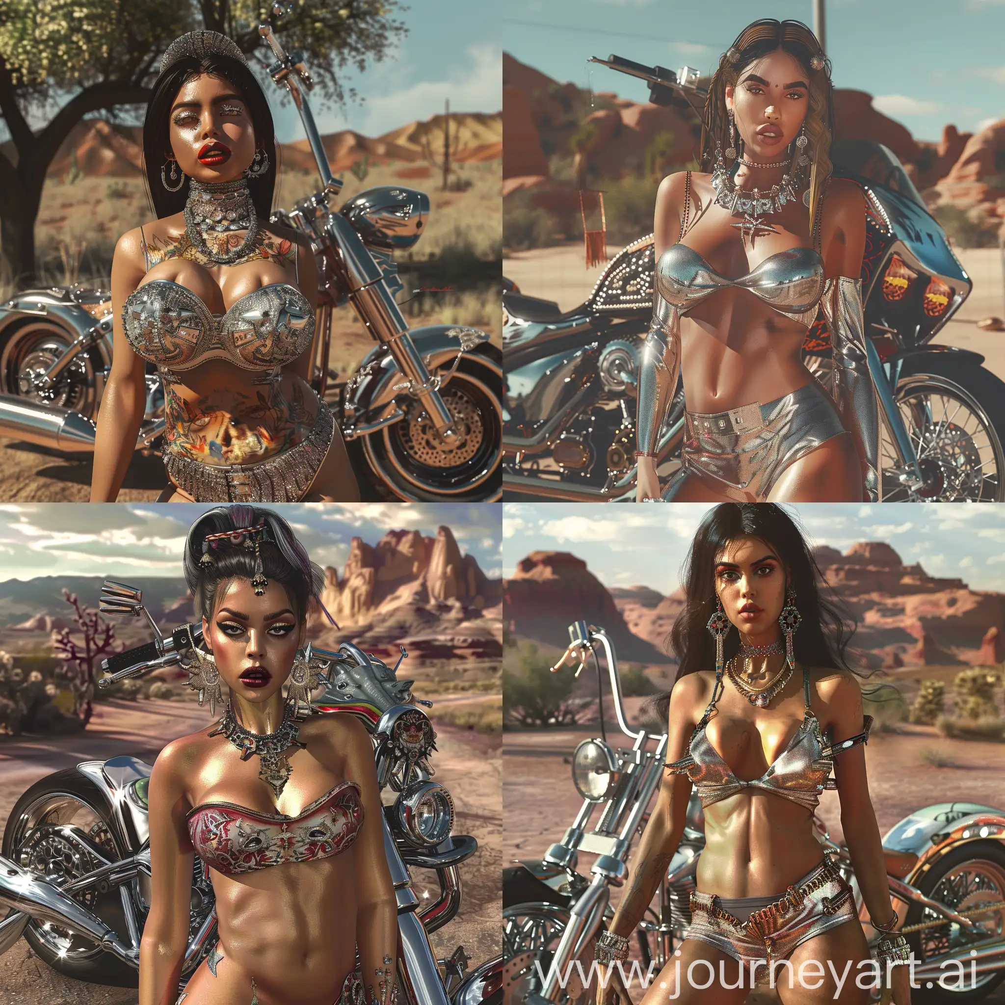 "Generate a COLORFUL, photorealistic image of a beautiful, revealing, Latina biker. She is standing in front of a custom, extravagant chrome-enhanced, lowrider, chopper. Her attire hugs her figure, emphasizing her female form.  She is Adorned with jewelry that enhances her extreme statement. Her makeup is expertly done, with smoky eyes and a bold lip, enhancing her natural beauty. She is surrounded by a backdrop of a scenic desert, landscape.
The overall scene should capture the essence of freedom, adventure, and feminine power, portraying the LATINA chic as a symbol of strength and extreme beauty." 
