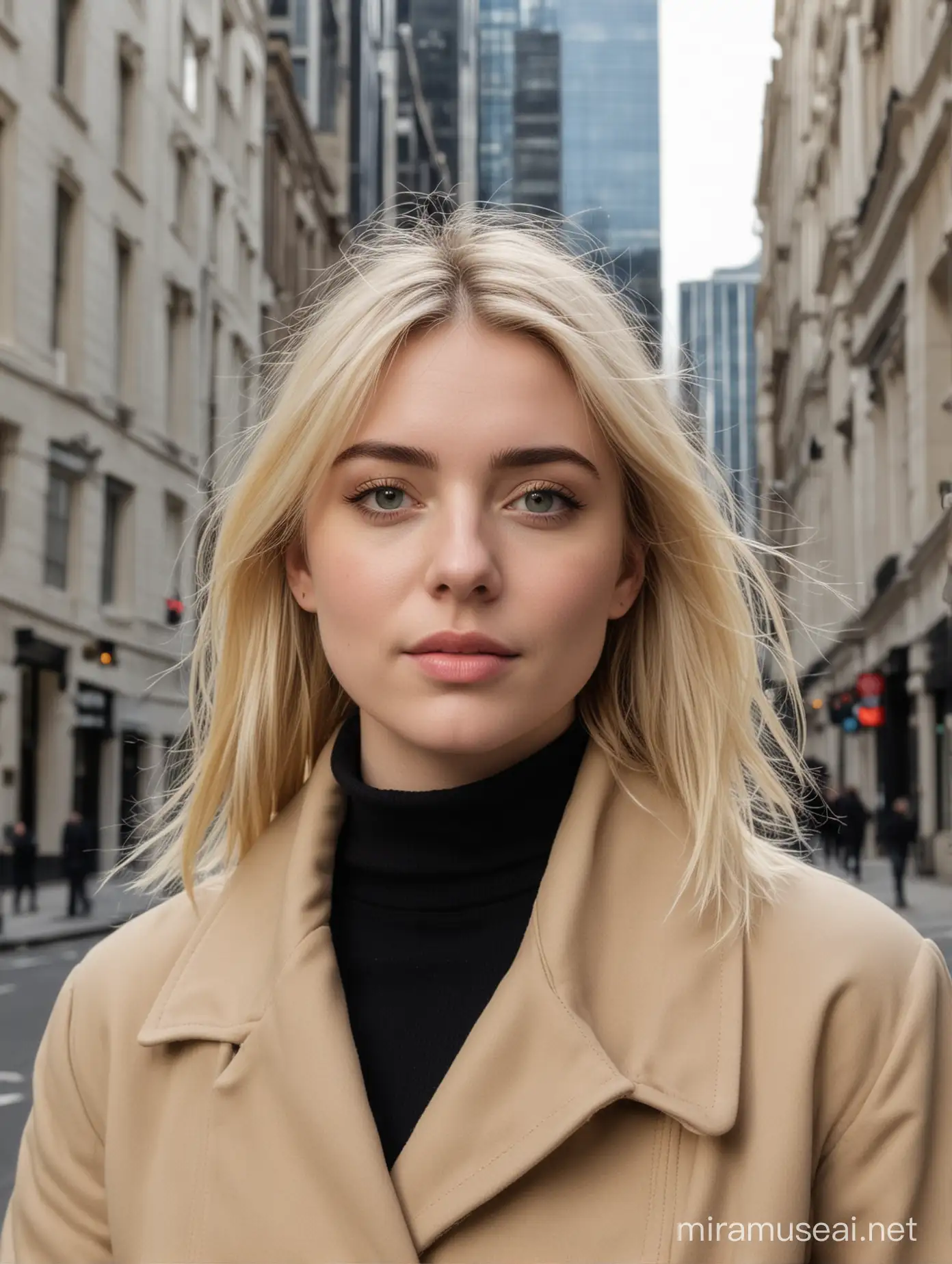 Anais Gallagher,blonde hair,turtleneck under a jacket,in the bacground the city of London