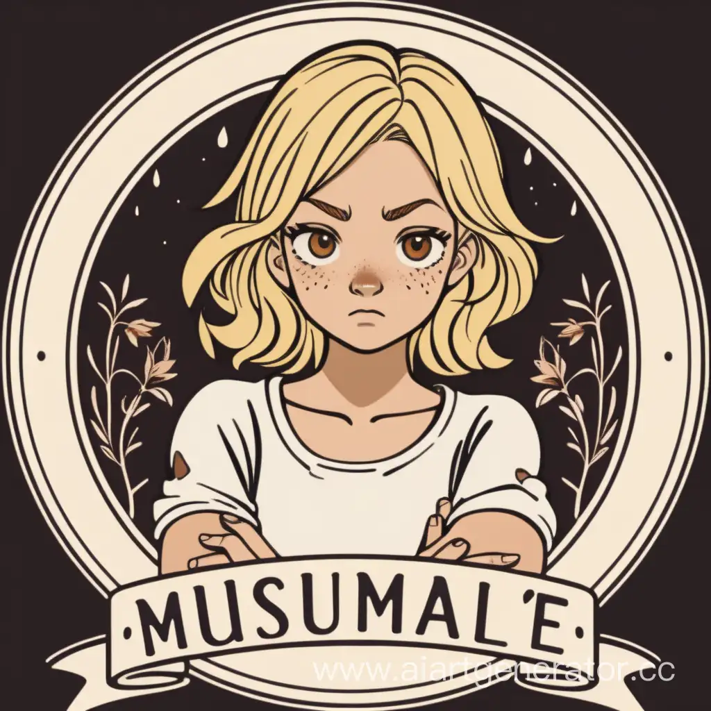 The logo is round, a blonde girl with an angry face who stands with her arms crossed over her chest, with brown eyes and freckles on her face. Scented candles, diffusers, hand-made soap are all around
