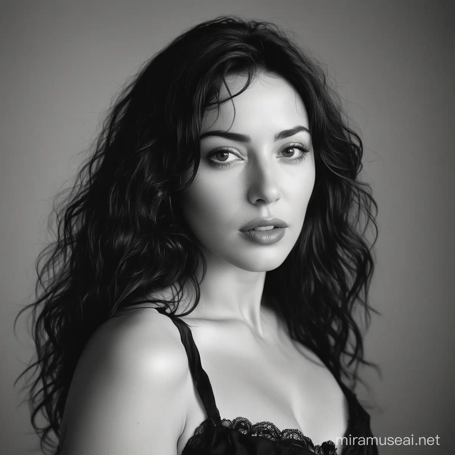 film photography, light fabric, using a 35mm lens, f/2, film, grain, beautiful young monica bellucci, portrait, malena, realistic natural skin, realistic  natural hair, beautiful eyes, red lips, deep eyes, black dress, black and white grain fuji film