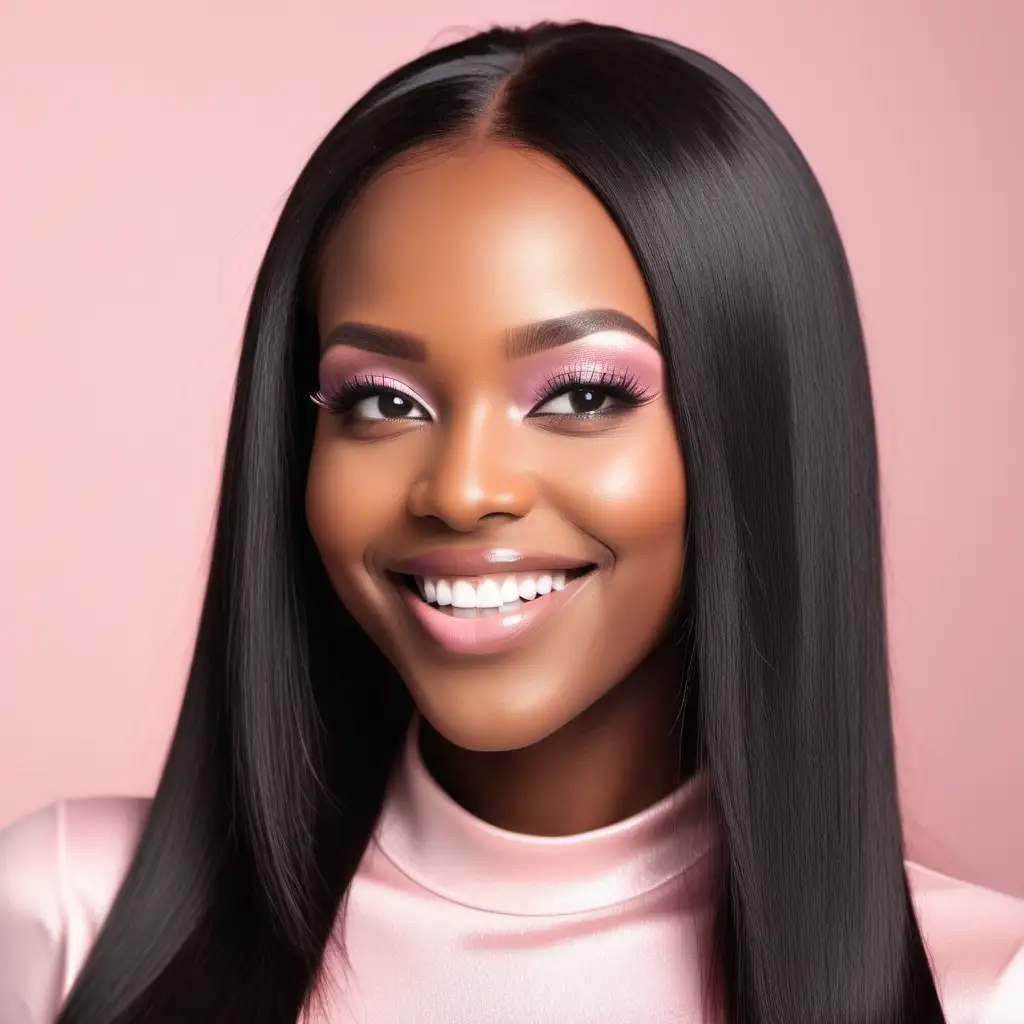 Beautiful black woman with black straight flat ironed hair, smiling, wearing light
pink, soft glam makeup