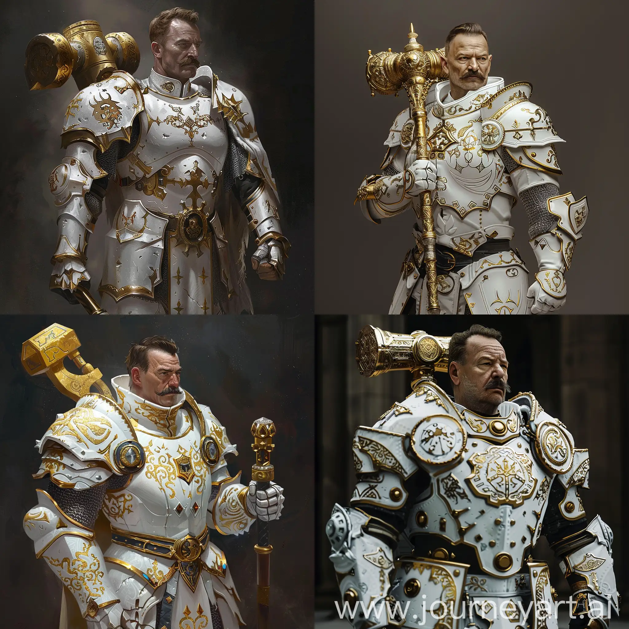 dungeons and dragons,full white armored and gold patterns on his armor,male paladin and he has a great warhammer that is gold on his back.He doesnt have a helmet,he has short hair and a mustache and he is middle aged.Dnd paladin dark fantasy theme