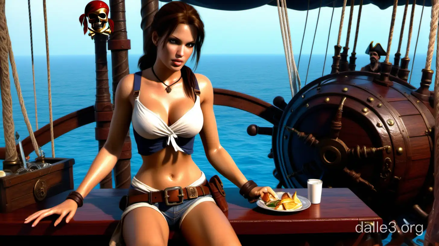 Молодая и красивая девушка Лара Крофт с милым лицом и ровными глазами ис 4 размером груди в лифчике и мини шортах с поясом ужинает на борту пиратского корабля с пиратами сидя за столом
