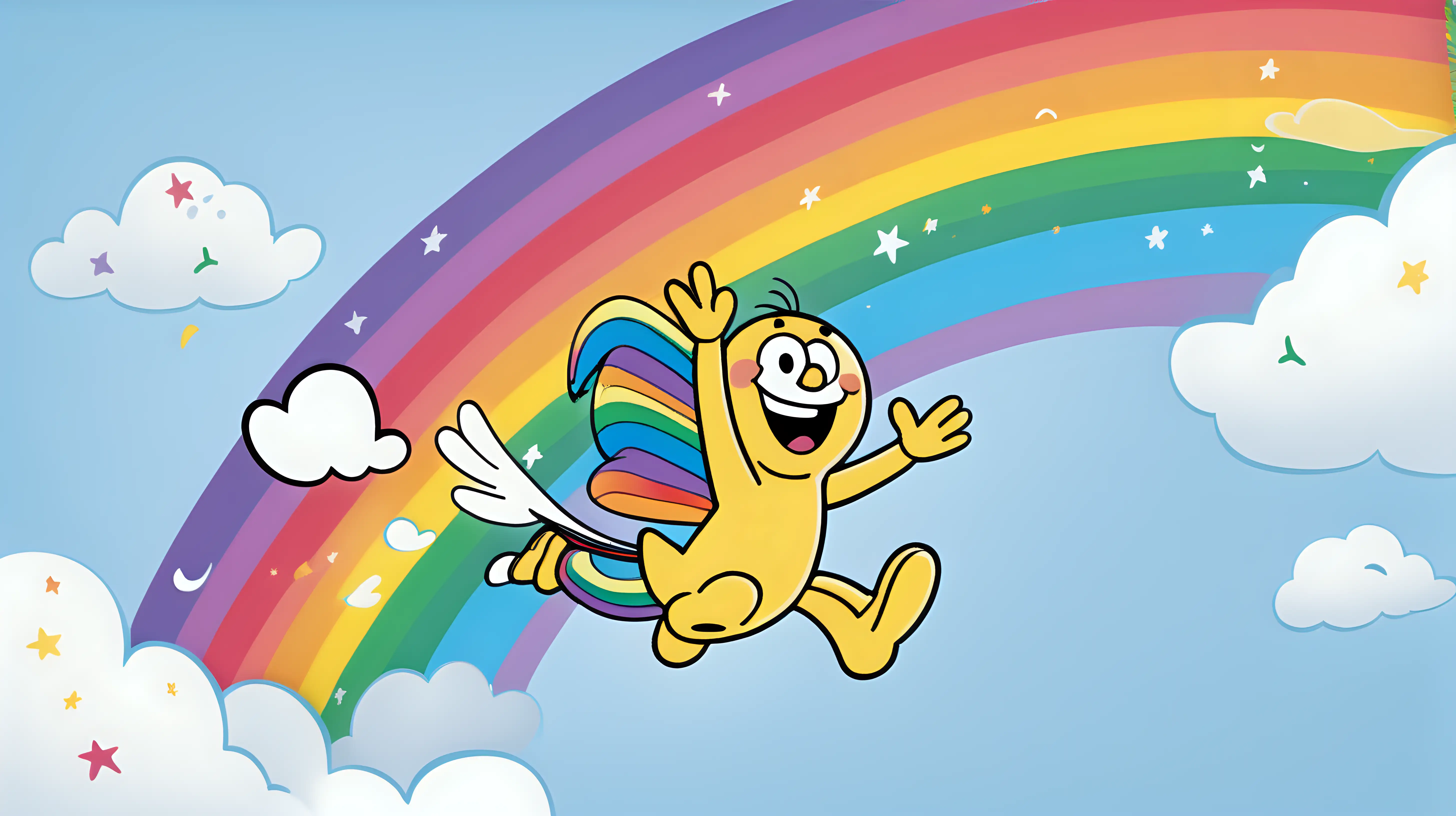 A joyful cartoon character flying on a rainbow, leaving a trail of happiness.