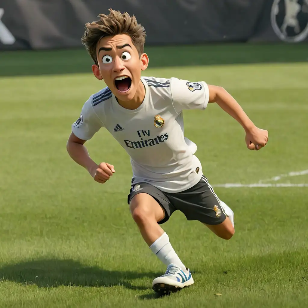 Draw a picture of Jude Bellingham
in a Real Madrid shirt, funy face, running
, 3d Cartoon ,wearing shoes, feet stepping on grass