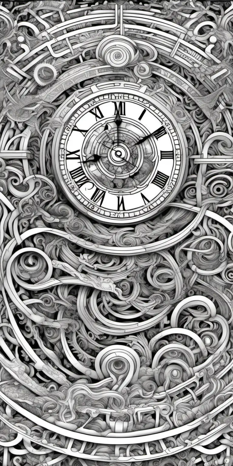 You are a graphics designer in charge of creating a book cover for an ADULT coloring book' The final product is a high glossy 8.5x11 inch image THAT SHOWS A Time Maze quantum time



