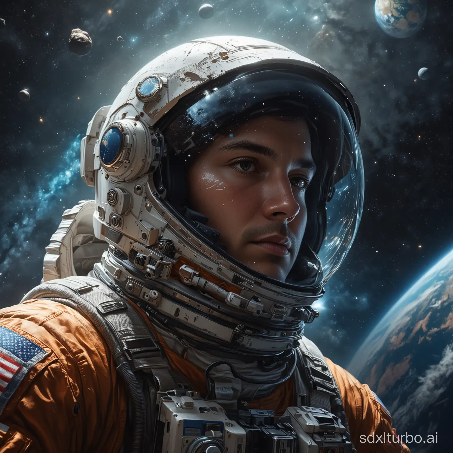 Digital painting of an astronaut floating in space, with a reflection of Earth in the helmet visor, intricate, elegant, volumetric lighting, scenery, digital painting, highly detailed, artstation, sharp focus, illustration, concept art,ruan jia, steve mccurry