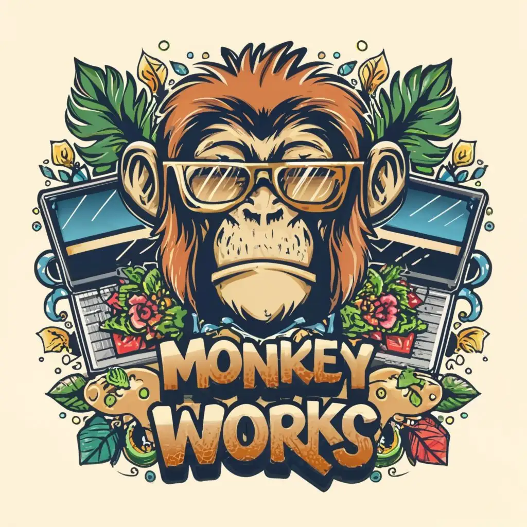 logo, colourful graphic design monkey with glasses on and a laptop, with the text "Monkey Works", typography