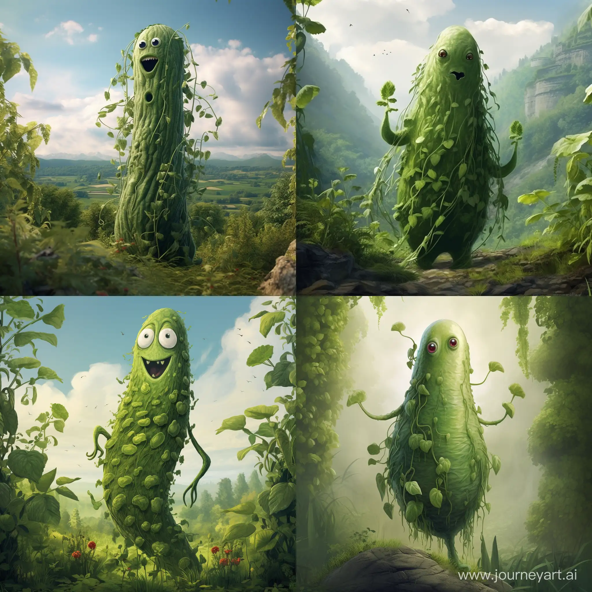 Imagine Příběhoun as a tall bean-like creature with a soft shade of green. Make it look like a creature, not like a plant. Make it look like its alive. Its body could have a texture reminiscent of old books, and a beanstalk-like crest would twirl like a vine with a few beans. Eyes might radiate a magical light, and gentle sparks would emanate from them while telling stories. Delicate clouds would surround its figure, symbolizing its connection with clouds and stories.