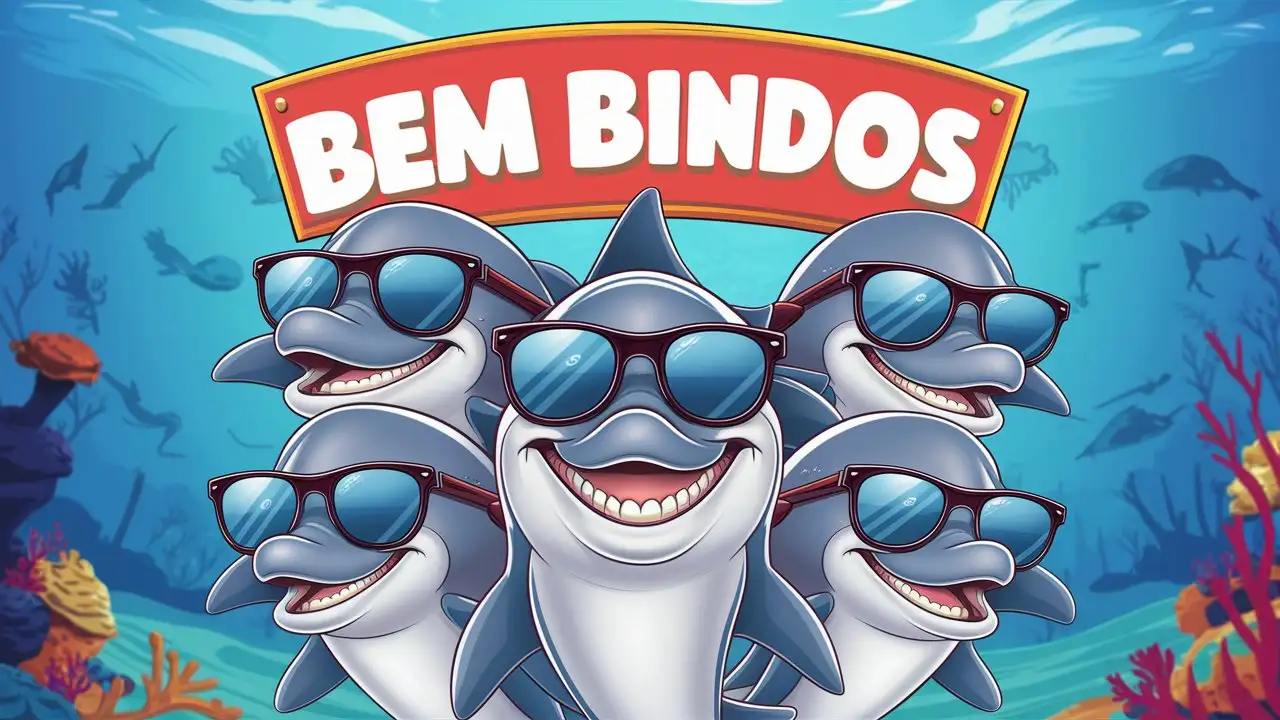 GROUP OF dolphins wearing sunglasses with a BIG SIGN saying " BEM BINDOS" 