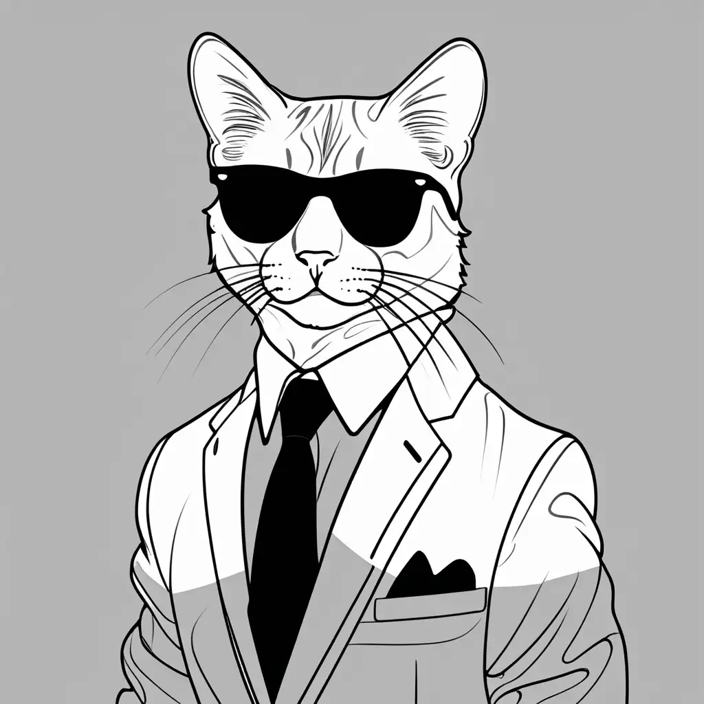 line art black and white cat with suit and sunglasses