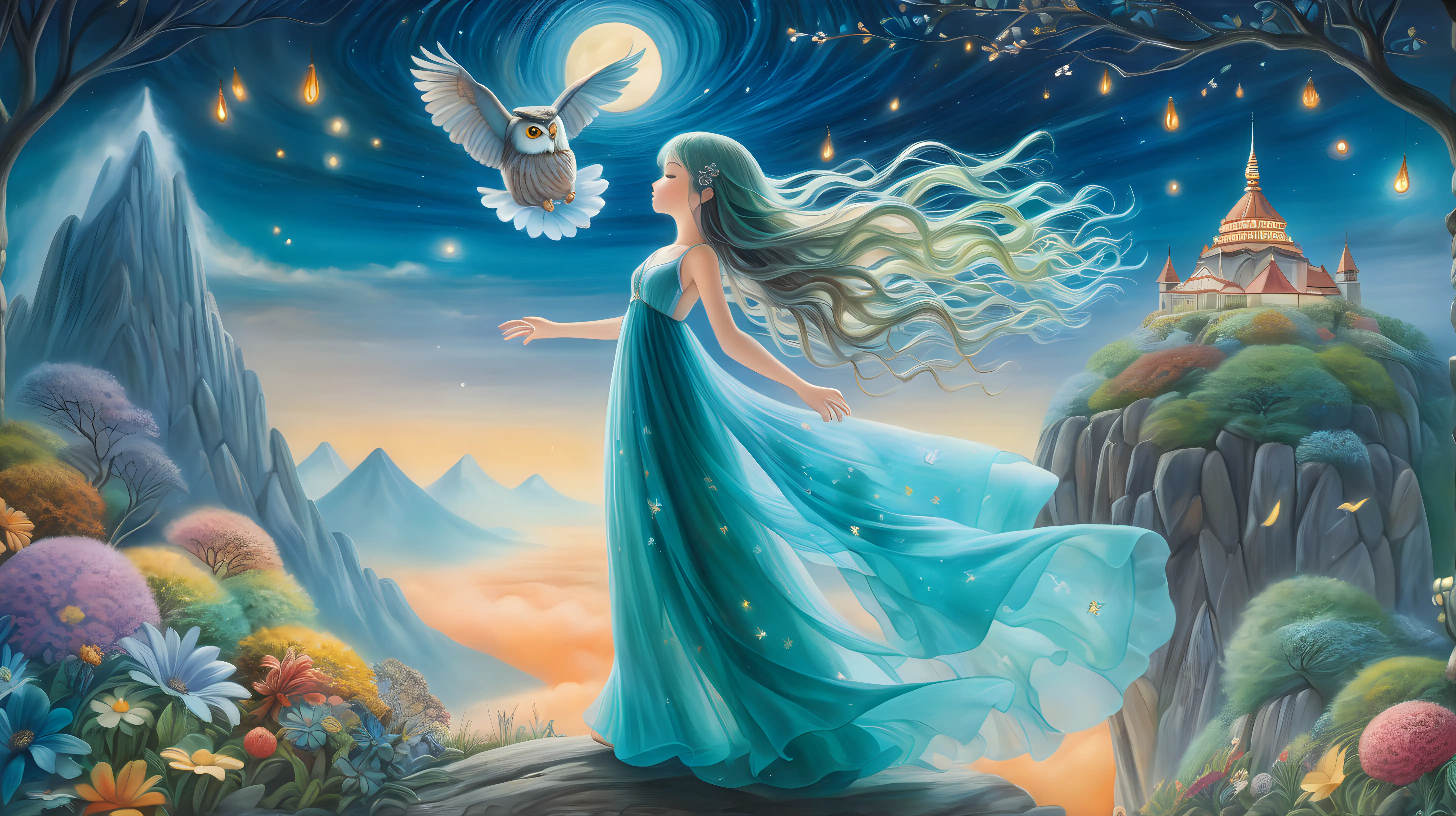 DIORAMA, ghibli inspired painting  of beautiful enchanting slender, long turquoise wavy hair, sheer flowy dress, 18 YEAR OLD girl who shape-shifts into an owl, ethereal owl princess, playing with a big colorful owl in an enchanted forest skyline, flowers, fireflies and moonlight, sea of clouds, mountain, temple, colorful, cliff