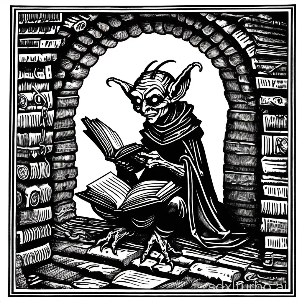 An imp reading a book, medieval, creepy, black border, black and white ink, white background, style of woodcut print, style of 1982 AD&D,