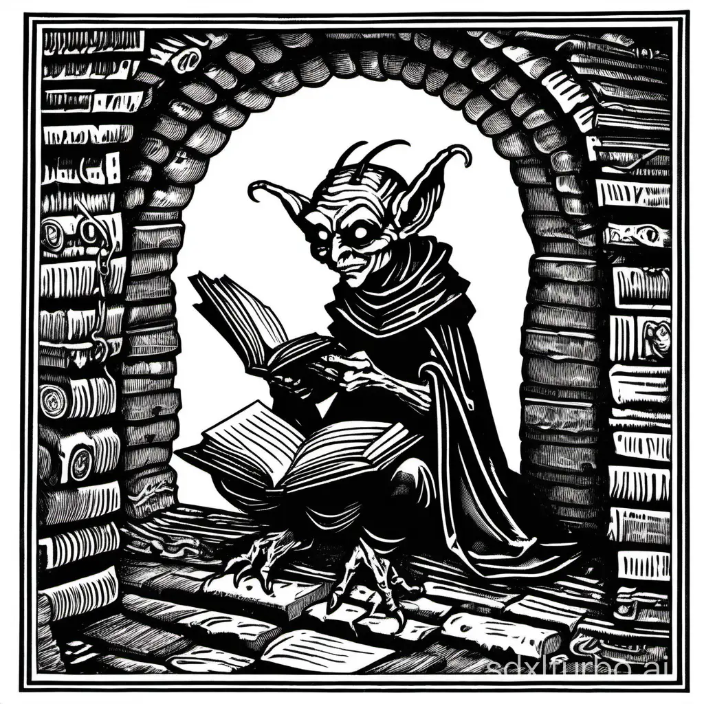 Medieval-Imp-Engrossed-in-Creepy-Book-Woodcut-Print-Style