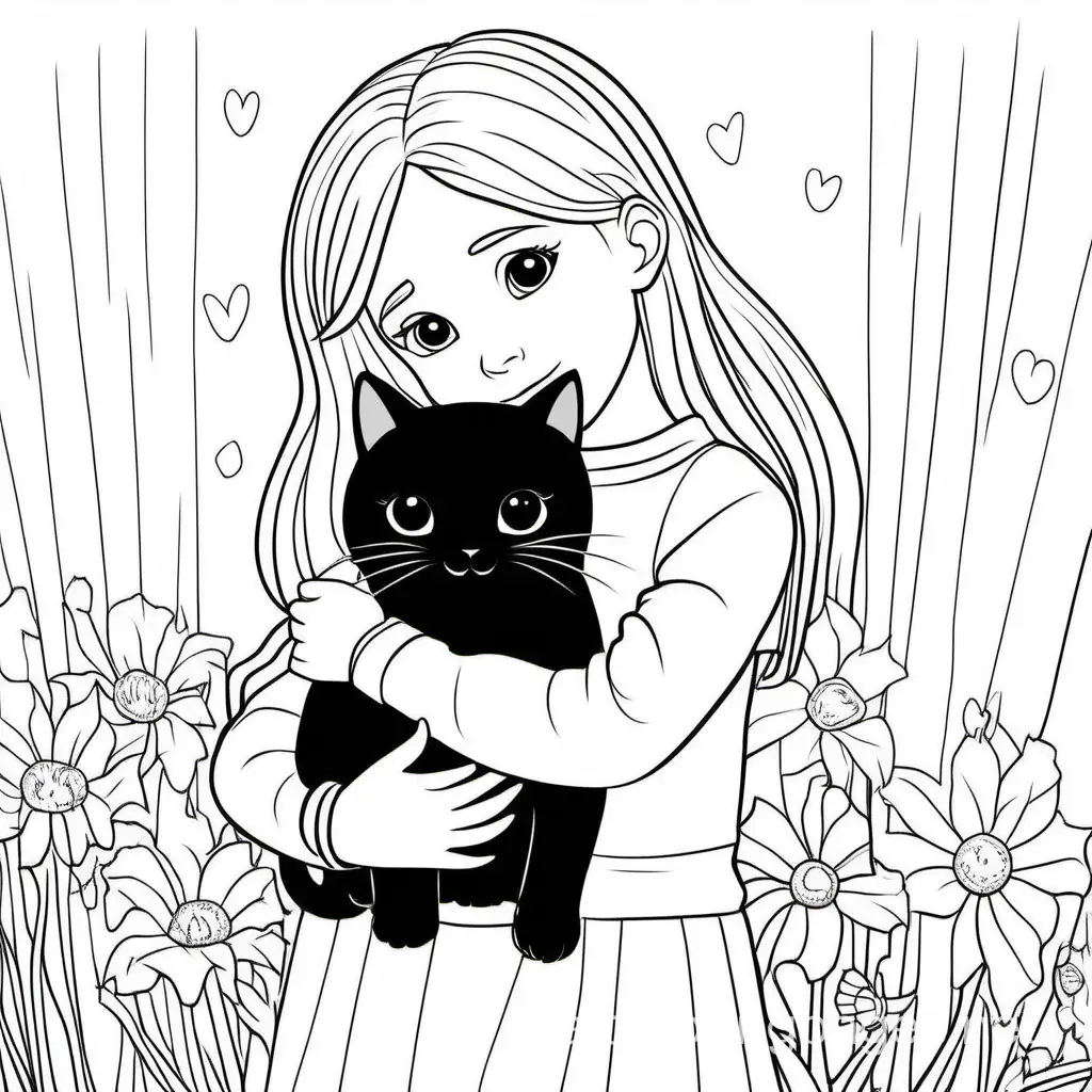 1 little girl straight blonde hair no bangs hugging black cat

, Coloring Page, black and white, line art, white background, Simplicity, Ample White Space. The background of the coloring page is plain white to make it easy for young children to color within the lines. The outlines of all the subjects are easy to distinguish, making it simple for kids to color without too much difficulty