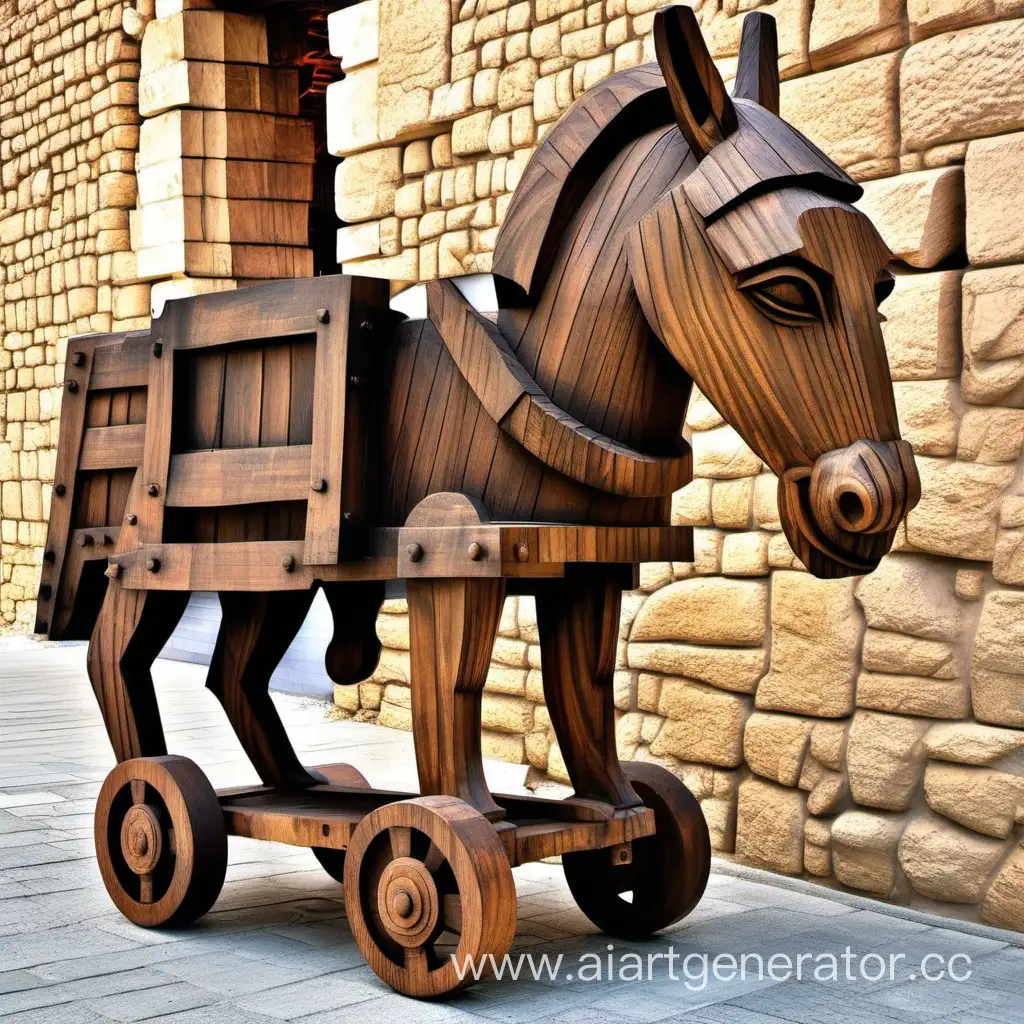 torjan donkey wooden statue on wheels at the gates of ancient troy