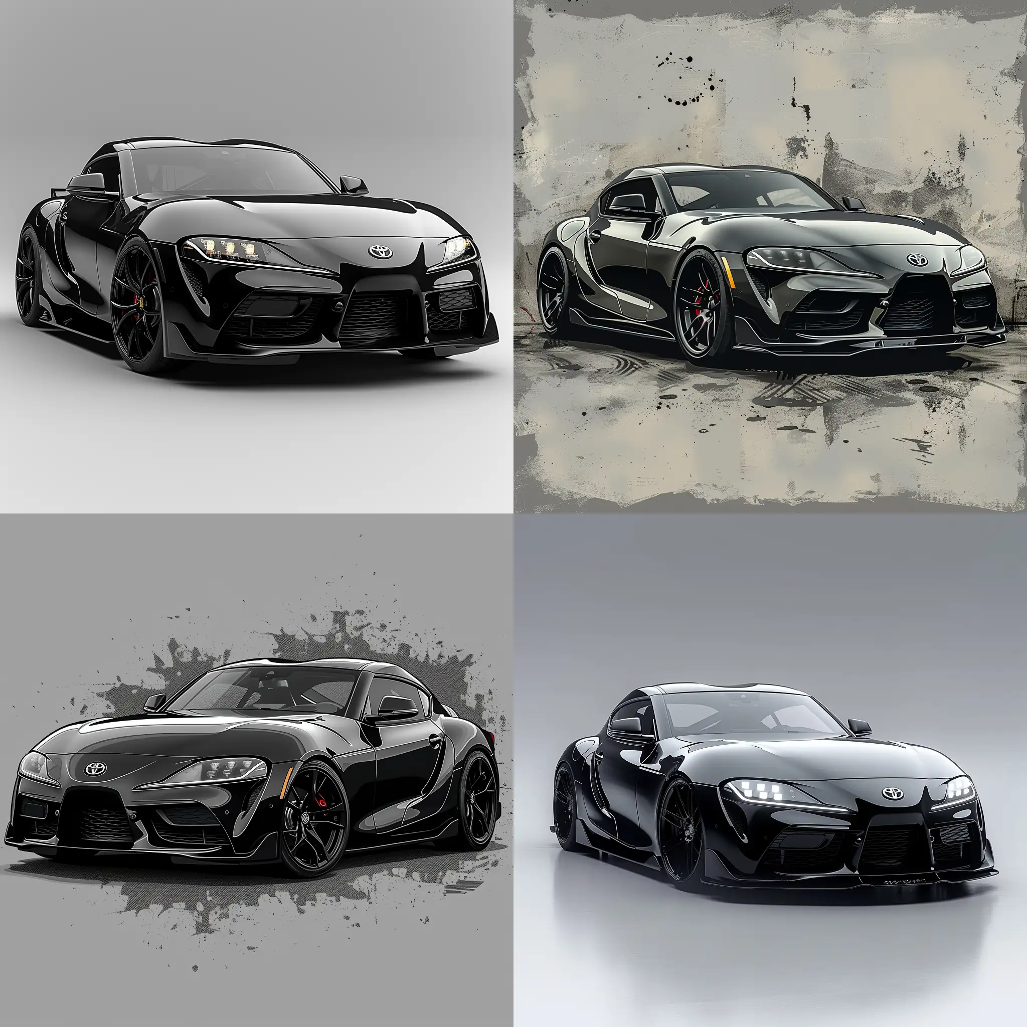 Minimalism 2D Illustration Car of Front View, Toyota Supra all terrain vehicle: Black Body Color, Simple Gray Background, Adobe Illustrator Software, High Precision --v 6.0 --s 1000 