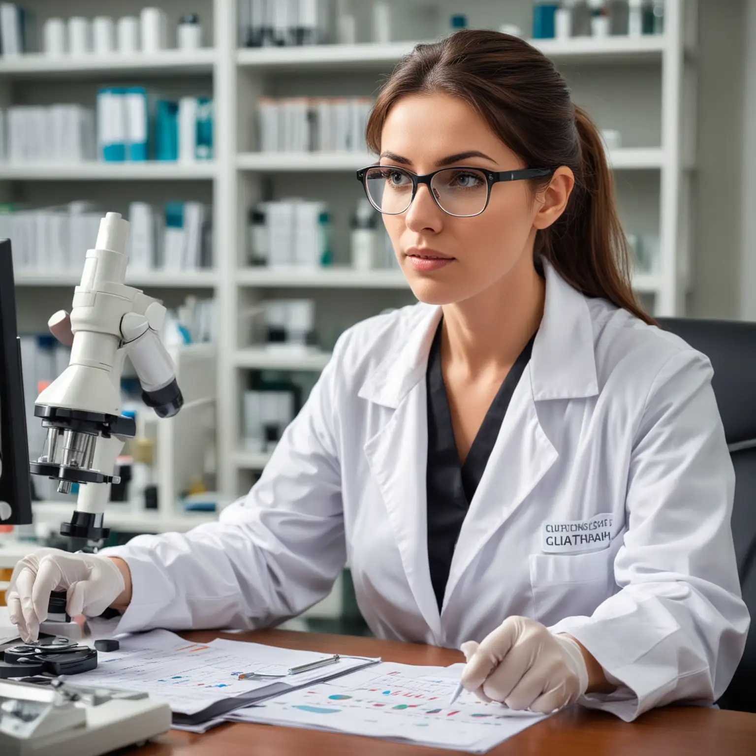 a large breasted female scientist researching Glutathione Precursors