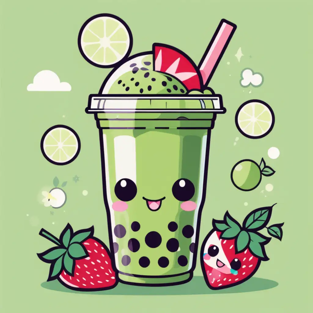Kawaii Style Green Tea Bubble Tea with Lime and Strawberries Vector