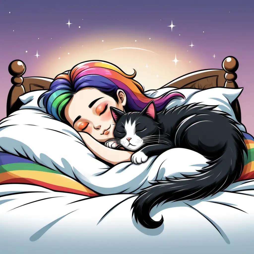 a woman is sleeping in a bed. she has black and rainbow colored hair.  a cat that is sleeping on top of her. the cat is black and white in color. cartoon style