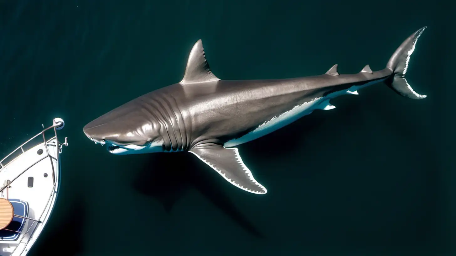 top shot of a top view of a megalodon just beneath a boat in a sea in such a way that the boat looks tiny and unaware by its presence