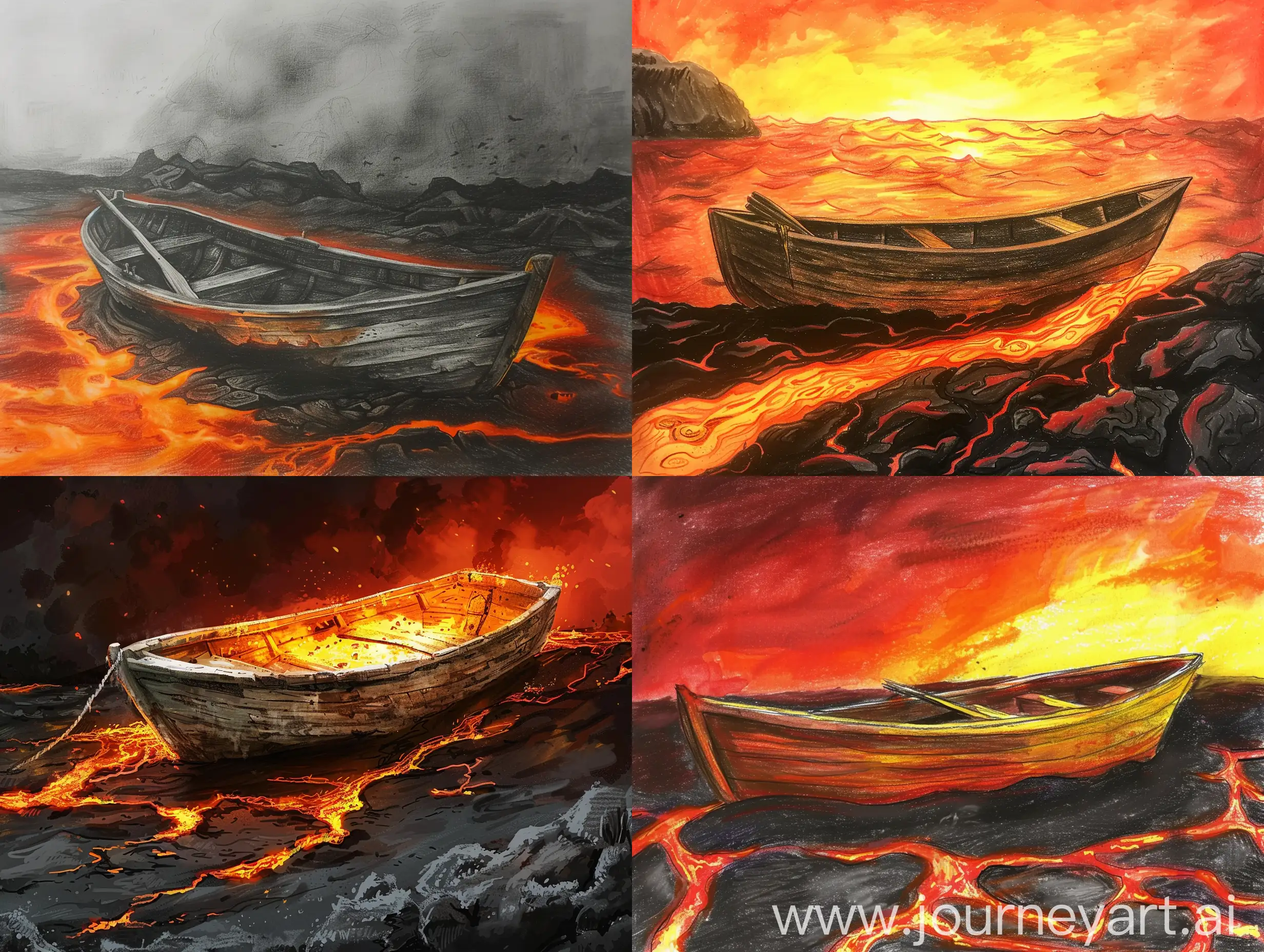 Draw a boat floating on lava