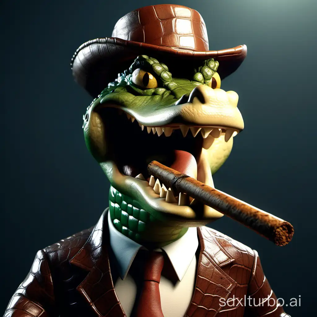 close up of a crocodile caricature, smiling close-up looking at camera, smoking a big brown cigar his mouth, octane render, 8k, unreal engine cinematic, dramatic lighting, high resolution, detailed, 4k