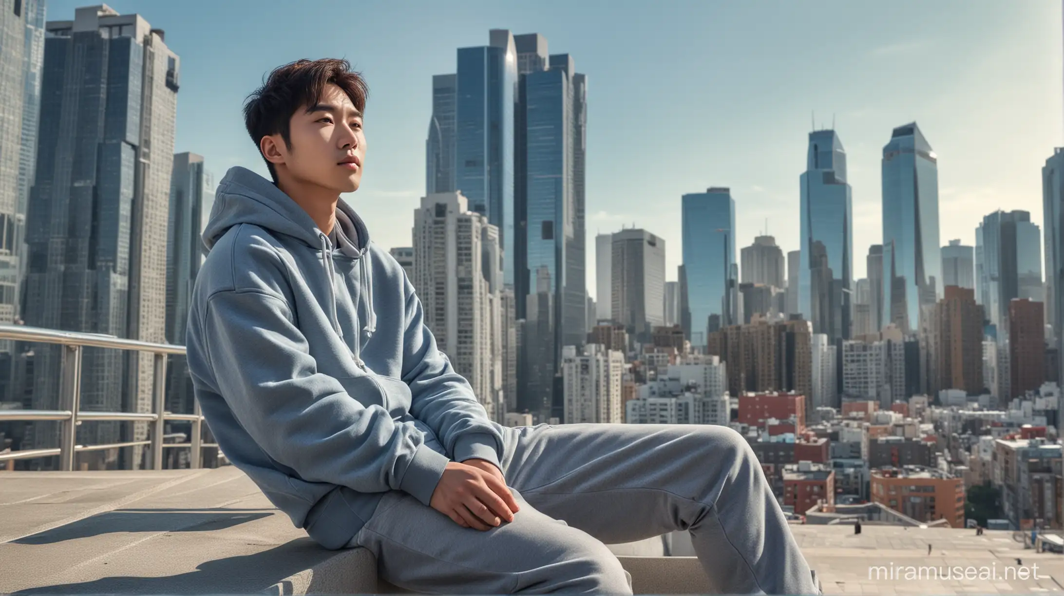 seorang pria Korea tampan duduk di atas langkan sebuah gedung tinggi, memandang ke arah kota. pria memakai jaket Hoodie Pria ini dikelilingi oleh pemandangan kota dengan gedung pencakar langit, awan biru yg cerah dan bangunan lain sebagai latar belakangnya,pose dinamis, realistis ultra HDR