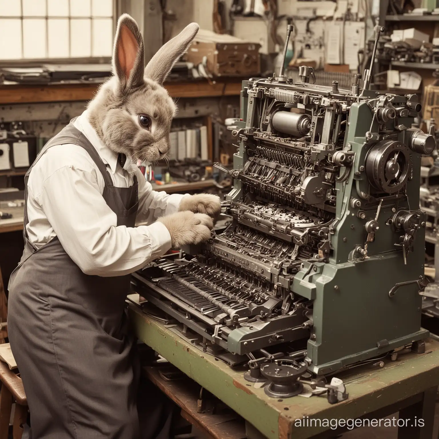 Easter Bunny working on a typesetting machine in the typesetting shop