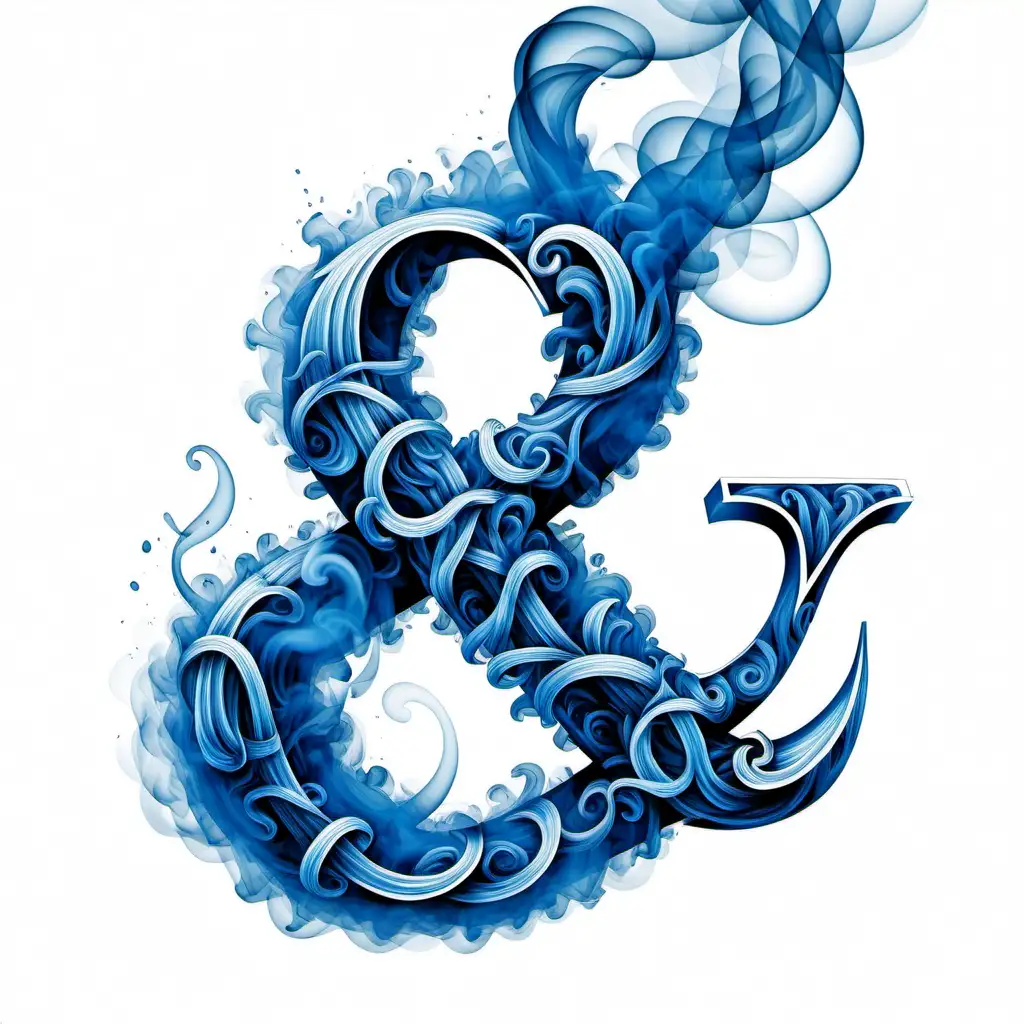 Ampersand made of smoke in blue shads, white background, illustrated style