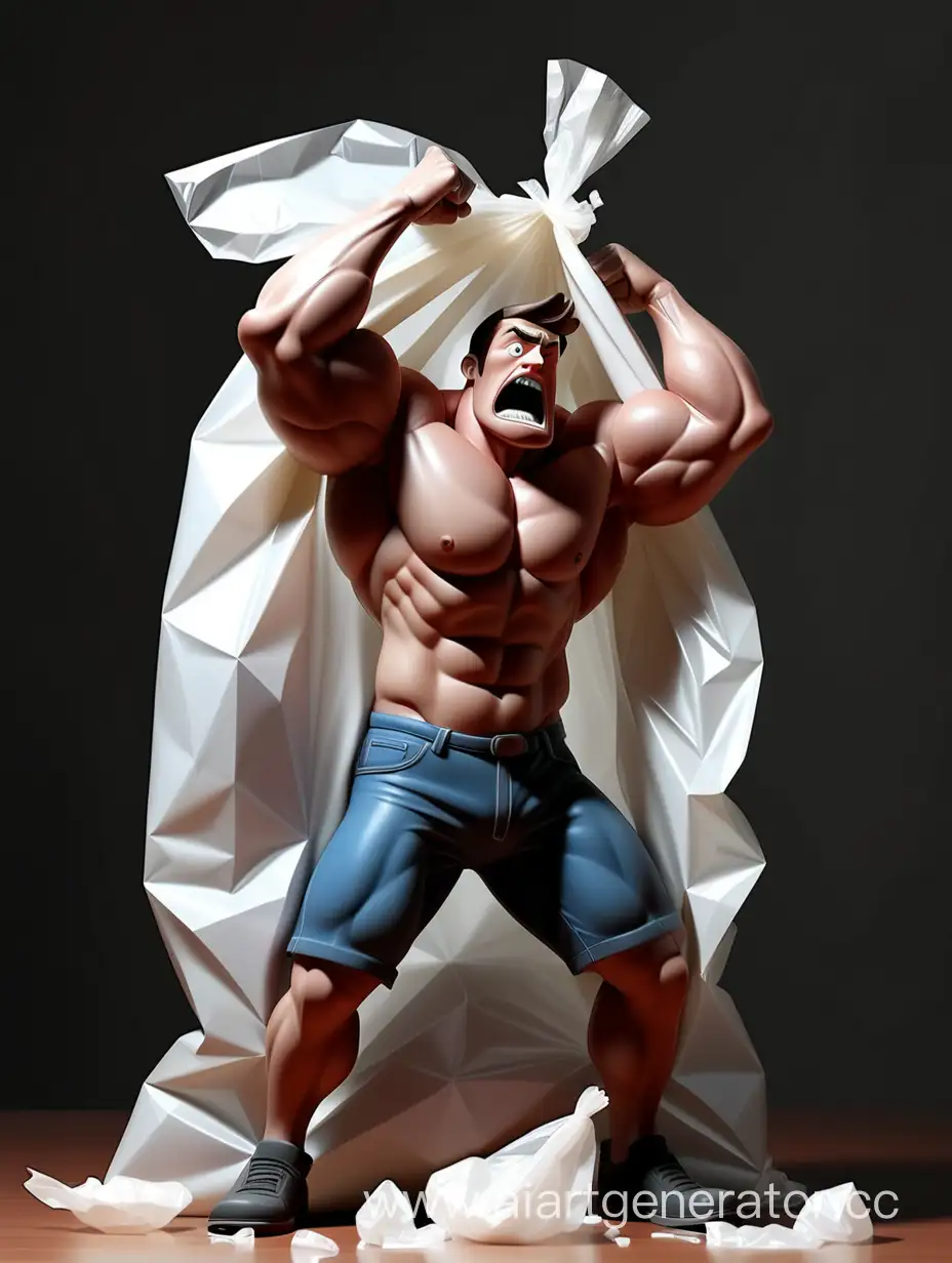 draw a very strong man trying to tear open a white plastic bag