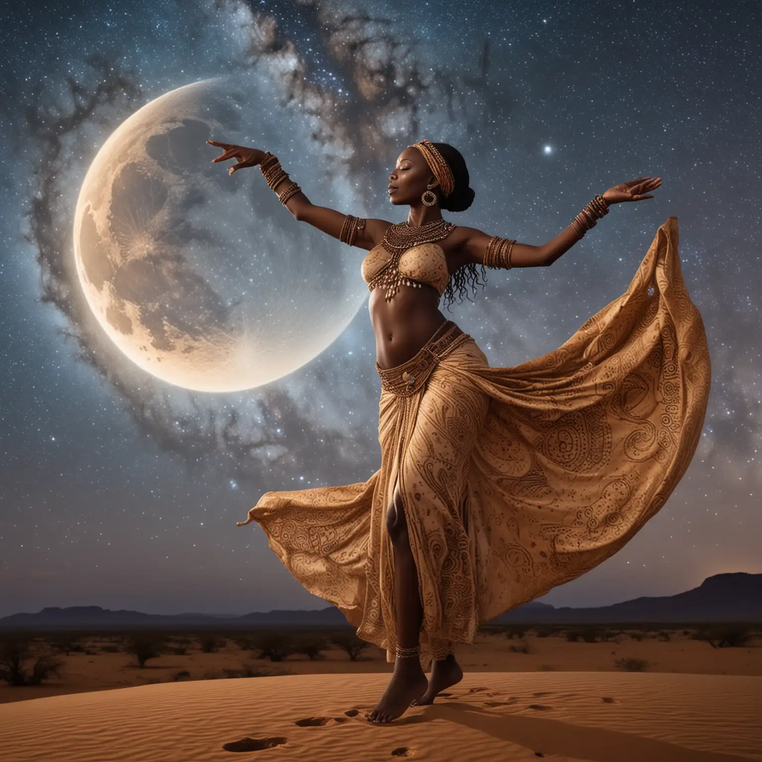 african godess dancing on the moon with the milky way behind