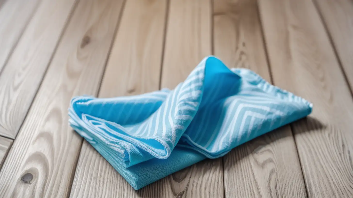 CloseUp of Blue Folded Cleaning Cloth on Wood Floor