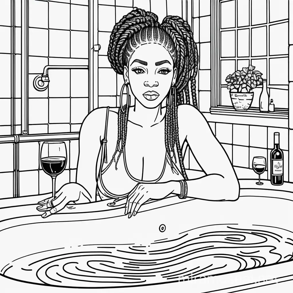 line drawn
 coloring pages of African American woman with braids and hoop earrings sitting in bath tub with a glass of wine