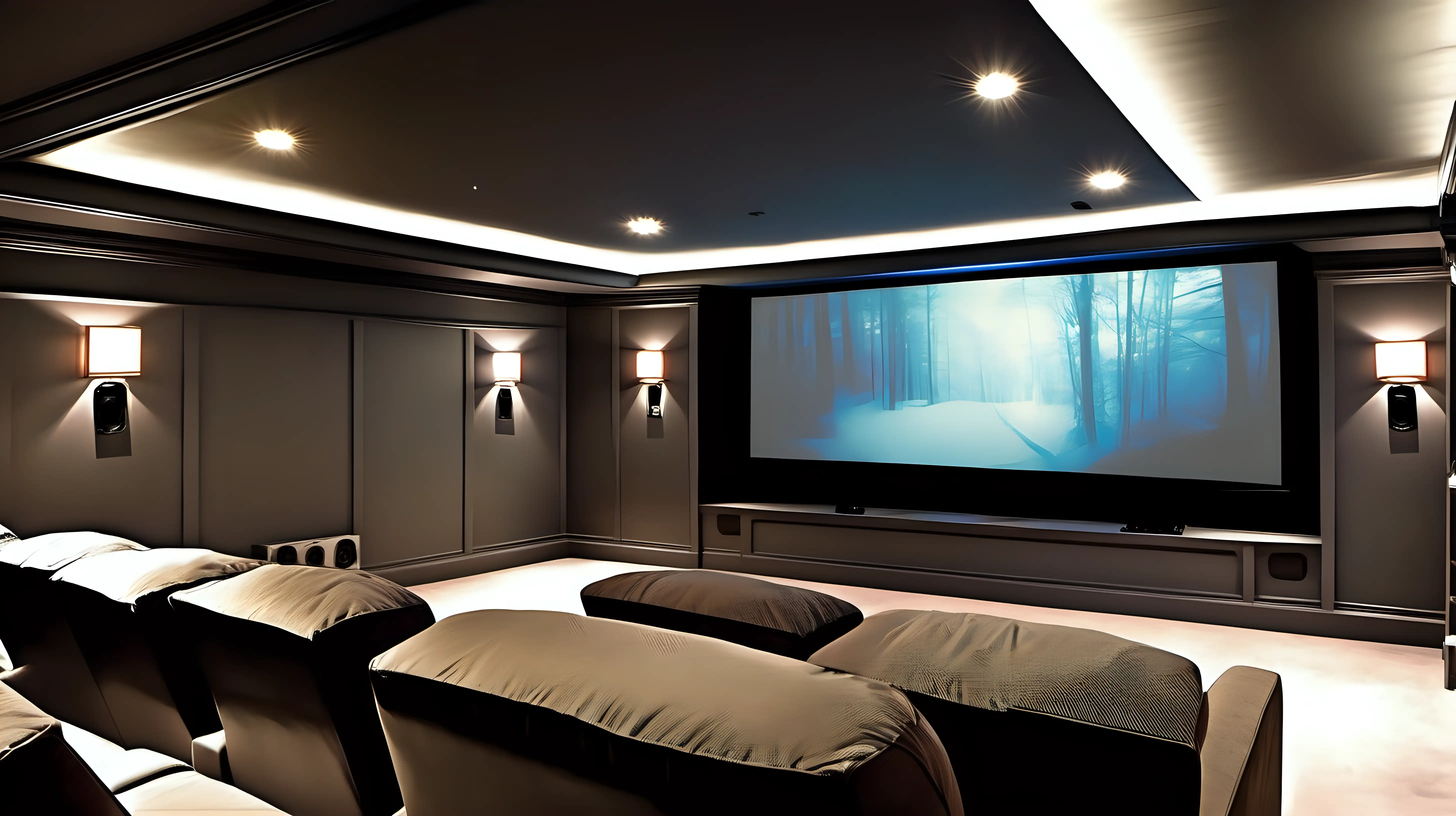 A modern and inviting home theater with comfortable seating, a large screen, and ambient lighting.