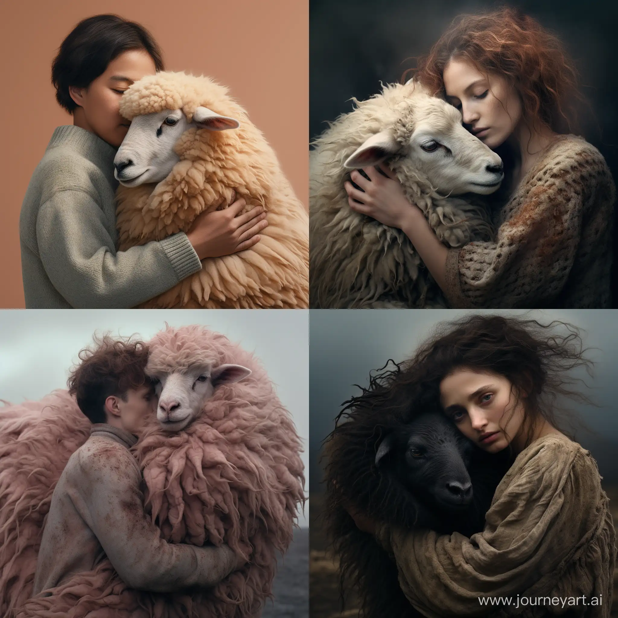человек обнимает овцу
