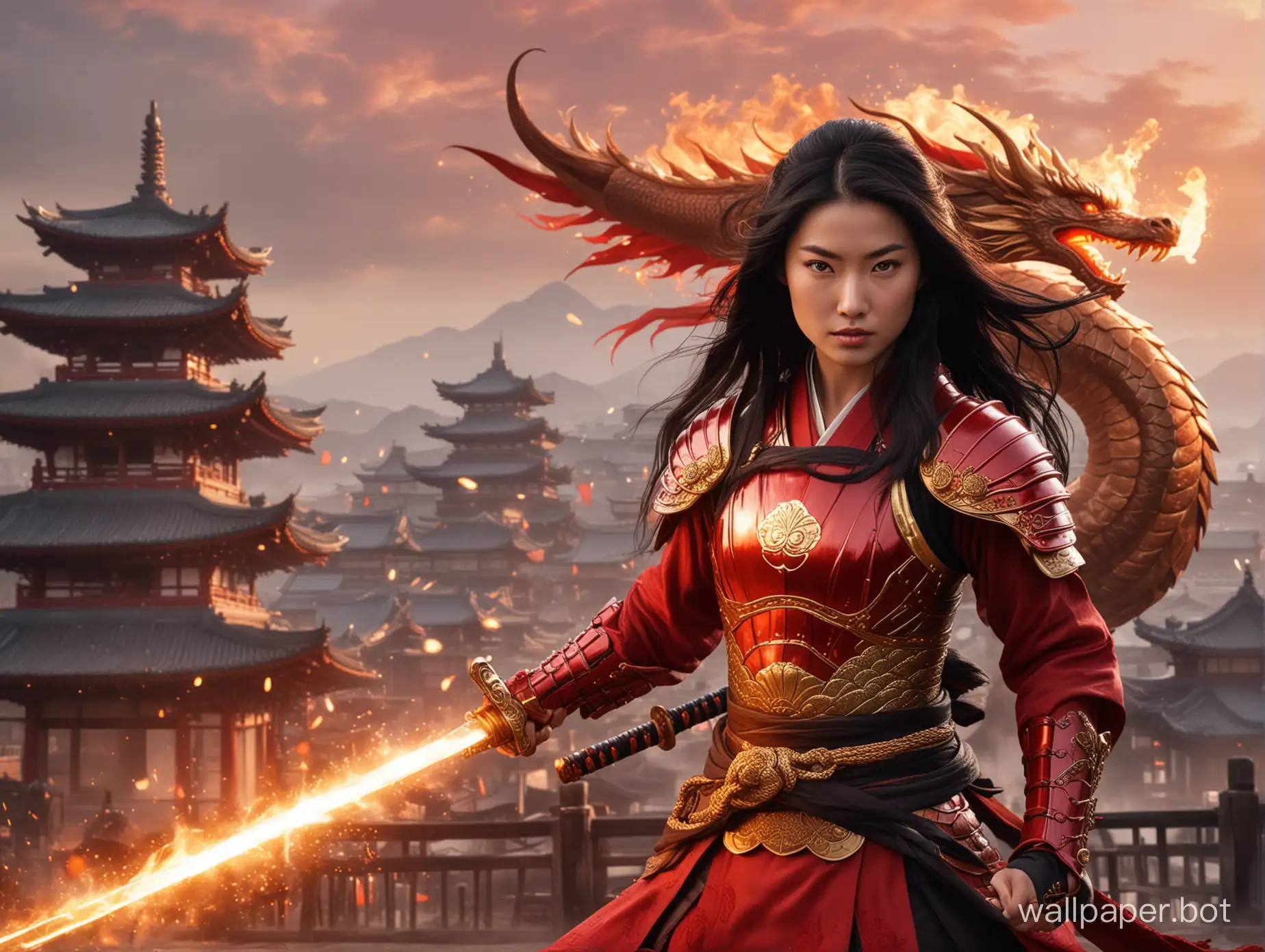 Flame-Sword-Dragon-Female-Samurai-in-Red-Armor