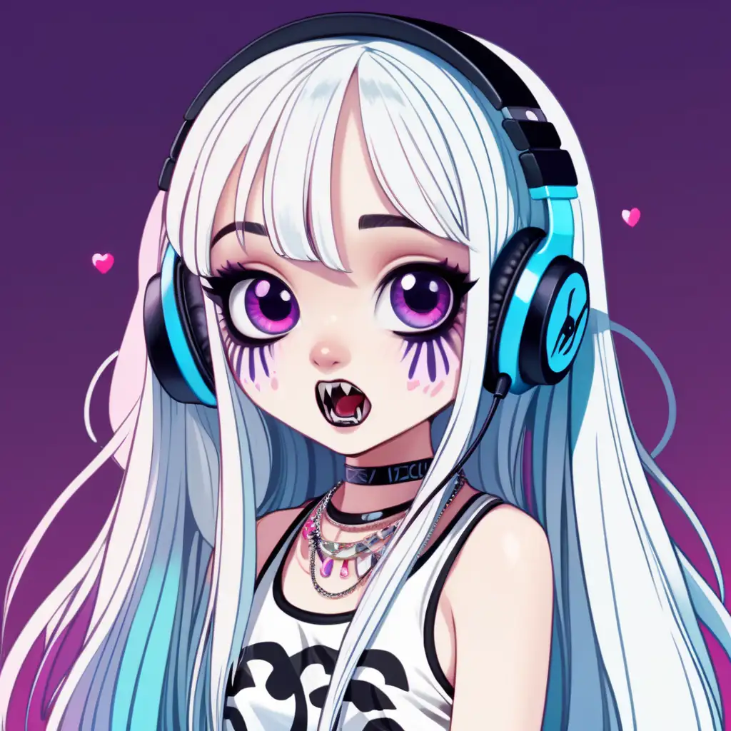 vivziepop art style petite innocent girl with white skin and white long hair, wearing crop top and skirt. fangs. jewellery and headphones. big eyes and young.
