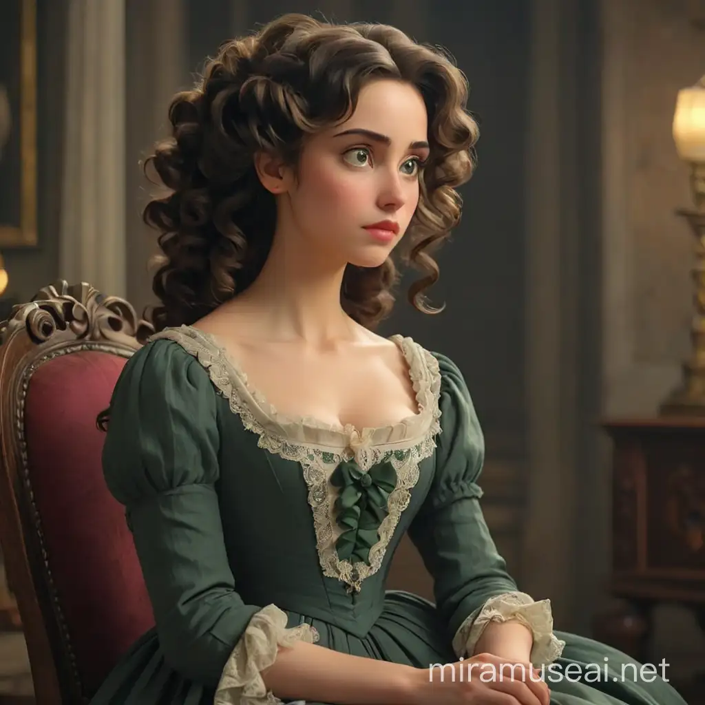 A woman with an elongated face, dark curled hair arranged in a 19th century hairstyle. Long nose, large dark eyes and wide eyebrows. Her lips are narrow. She is wearing a lush 19th century style dress. She sits, pensive, looking away. We see her in full height, with arms and legs. In 3d animation style.