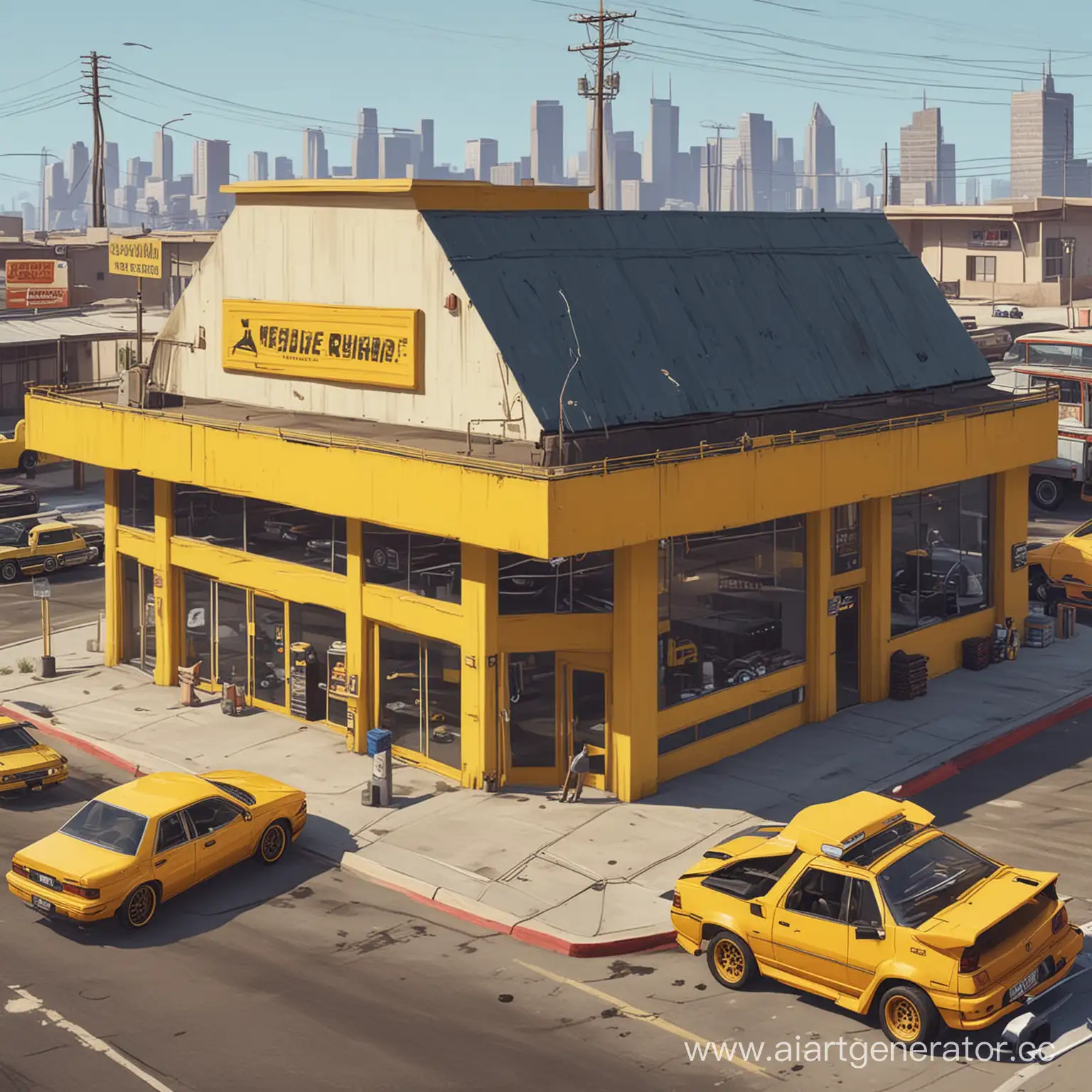 Vibrant-Auto-Repair-Garage-with-Dynamic-Yellow-Vehicles
