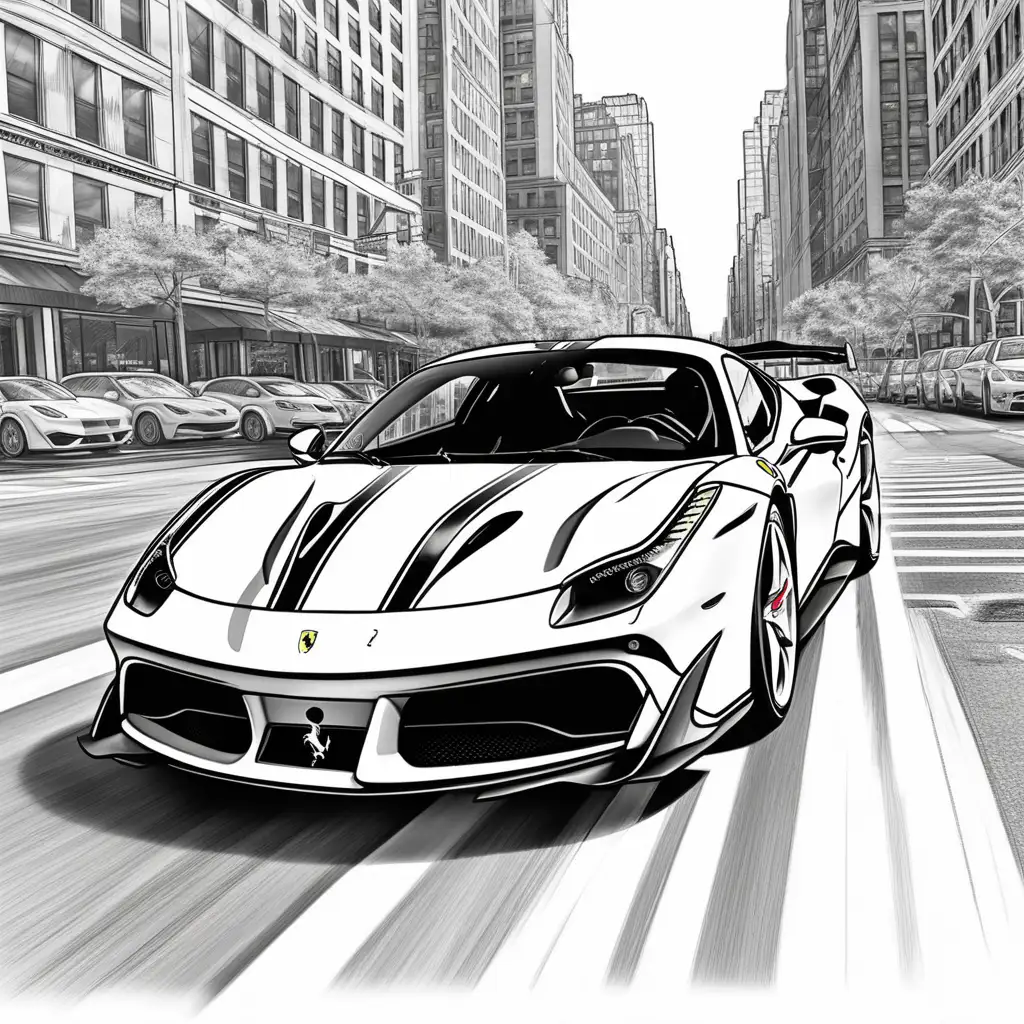 design me a nice black and white  image of a Ferrari 488 pista racing  in New York for a children's colouring book