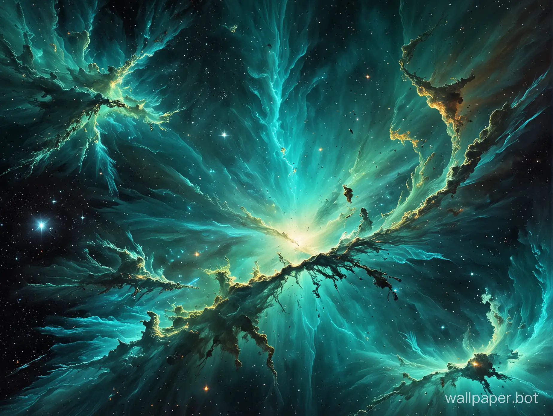 HD wide wallpaper abstract art of space nebula in greenish cyan colors