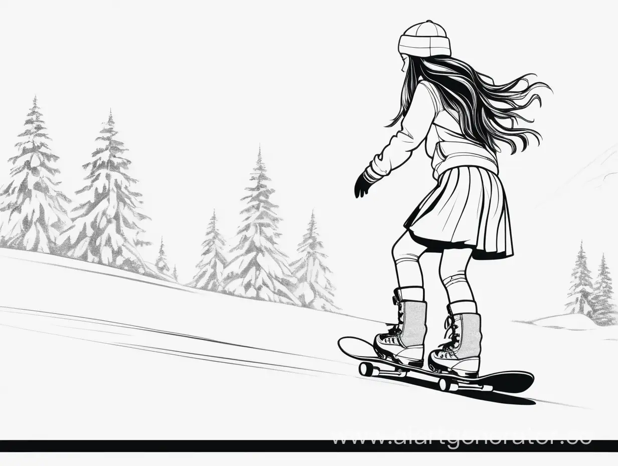 девушка на сноуборде в присяде,в юбке,с длинными развивающимеся волосами вид со спены.черный контур