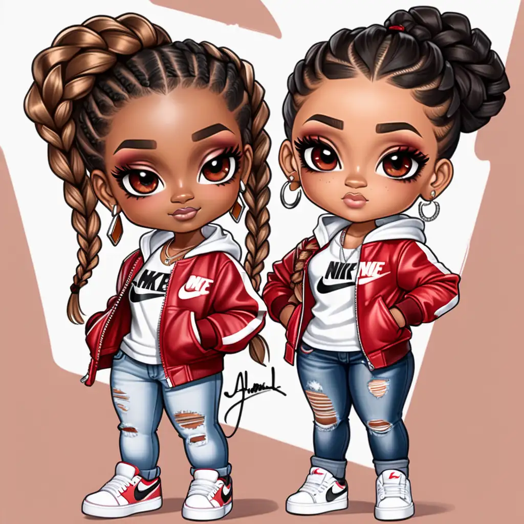 African American , chibi, female, realistic, illustration of a  two of beautiful, black woman, showcases their entire bodies with impeccable makeup, chibi style, with caramel colored skin, with styled braided hair, almond eyes, pointy chin, wearing a sporty, crimson red and white bomber jacket, plain white t-shirts, distressed jeans, nike jordan sneakers, jewelry