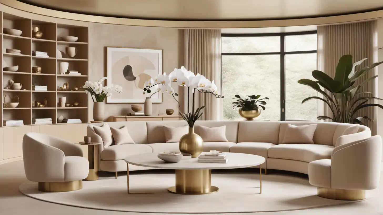 a Hyperrealistic image of a design firm large open workspace; curved beige sofa; beige round dining table; beige swivel dining chairs with brass arms and legs; limestone plinth with brass vase of faux orchids; built in light oak and brass wall display shelving units; curved beige rug; beige, light oak, brass, ivory colour palette palette