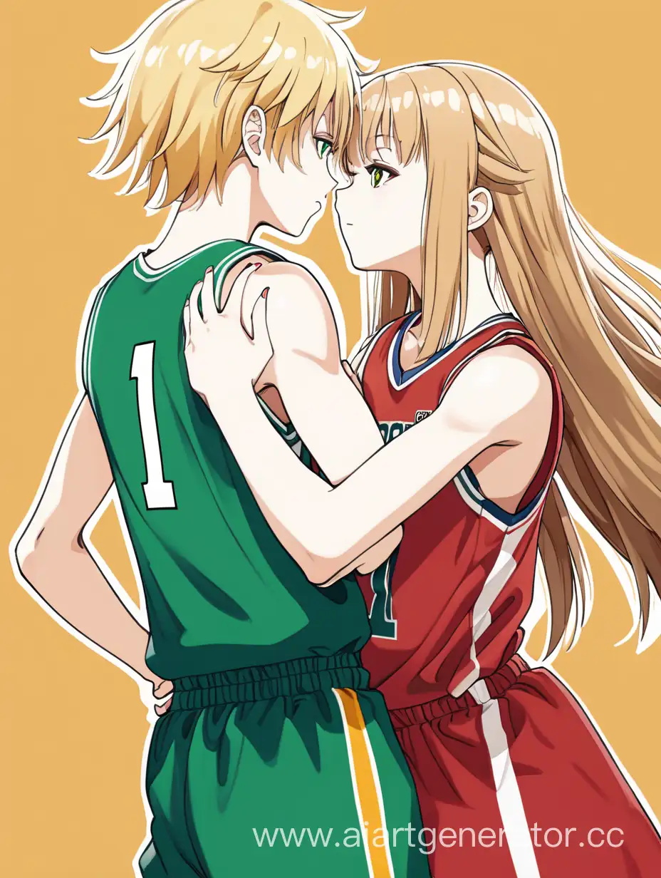 аниме блондин подросток с короткими волосами баскетболист в зелёной форме с номером 11 обнимается с девушкой с длинными распущенными коричневыми волосами в красно-желтом платье