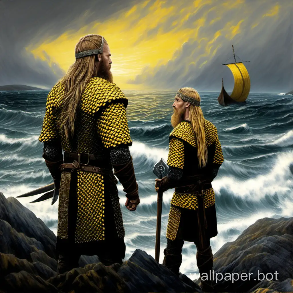 Vikings in black and yellow chainmail look into the distance, with the sea behind them. Painting.