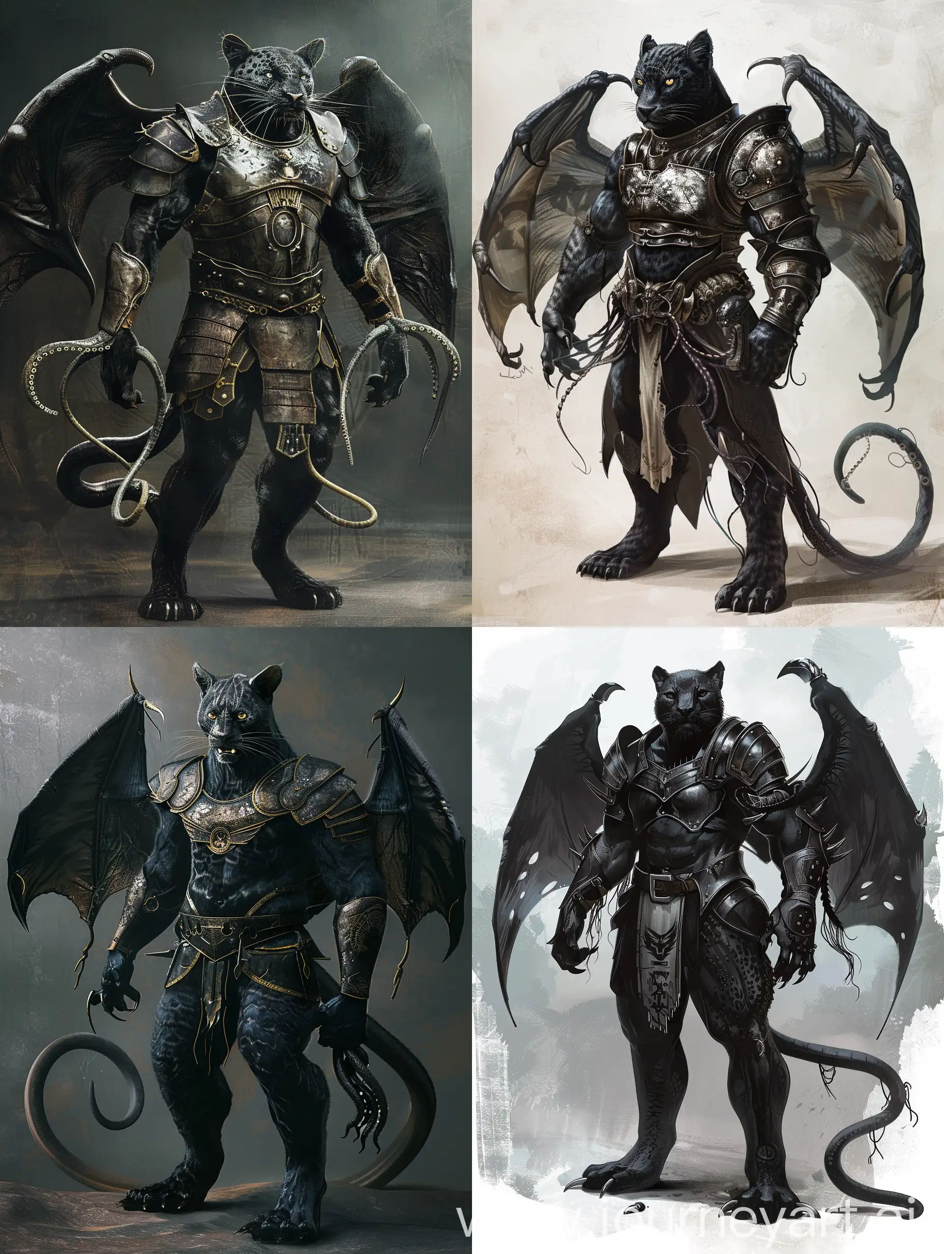 Panther, with bat wings, armor plates, tail sting, webbed wings, tentacles from the chest