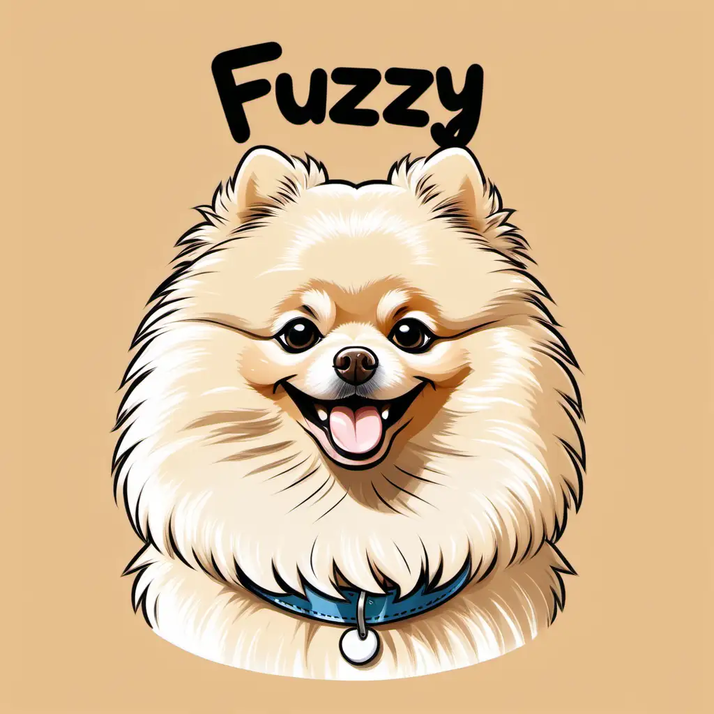 a very fluffy cream colored pomeranian, smiling, cartoon, collar says "Fuzzy"