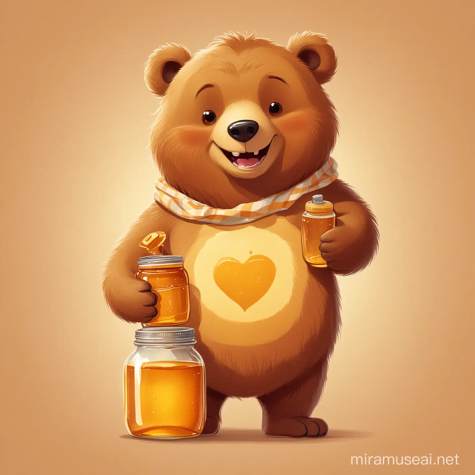 an bear big, brown, cartoon, smiling, holds a jar of honey